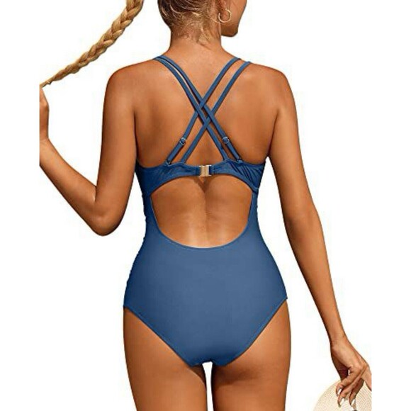 Charmo Women’s Monokini Tummy Control M Bathing High Cut Slate Blue Swimsuit New - Picture 2 of 3